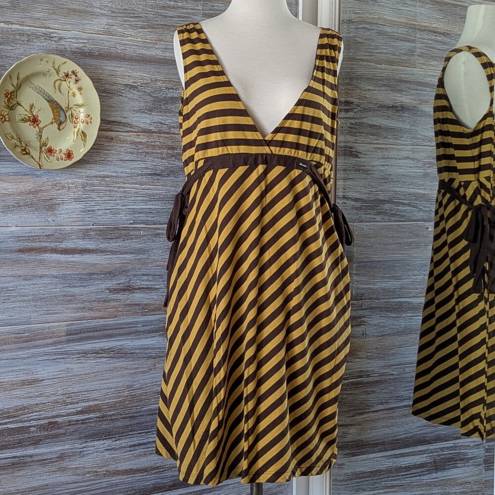 Element Striped Dress With Pockets Gold/Yellow Brown Stripes Side Ties Size L